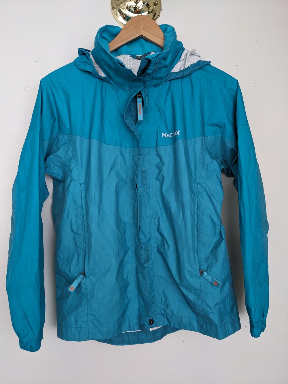 Marmot Turquoise Lightweight Hooded Rain Jacket. Kids/Girls L.